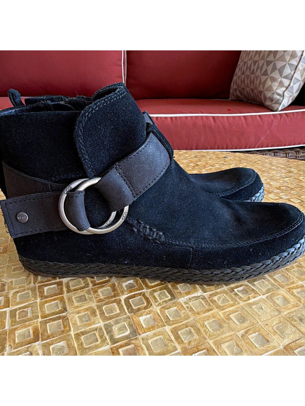 UGG Sloane Black Suede Shearling Wool Lined Side Zip Buckle Ankle Bootie 8.5